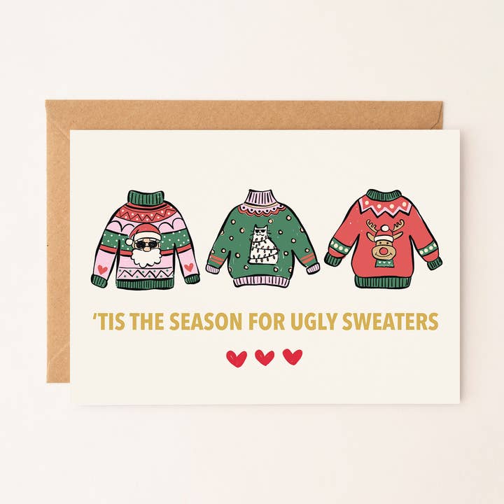 Lustige Weihnachtskarte mit hässlichen Pullovern (Englisch) für den Großhandel von Art Prints by Rio Soléy