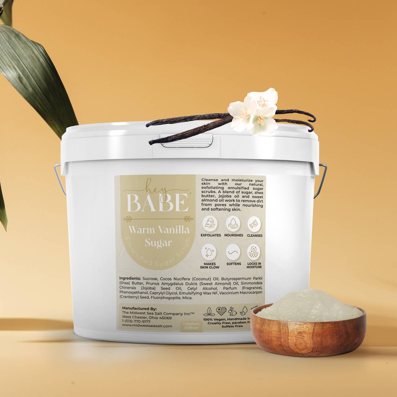 The Midwest Sea Salt Company – Esfoliante corporal por atacado – Hey, Babe Esfoliante Corporal de Açúcar Emulsionado - Baunilha Quente 128oz3