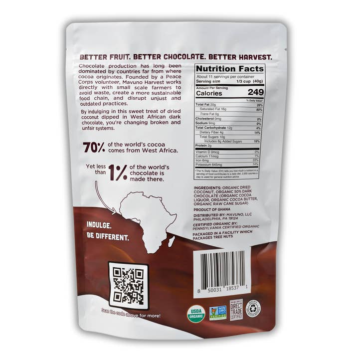 Mavuno Harvest Organics - Wholesale Dried/Dehydrated Fruit - Organic Dark Chocolate Dipped Dried Coconut, 6-pack case