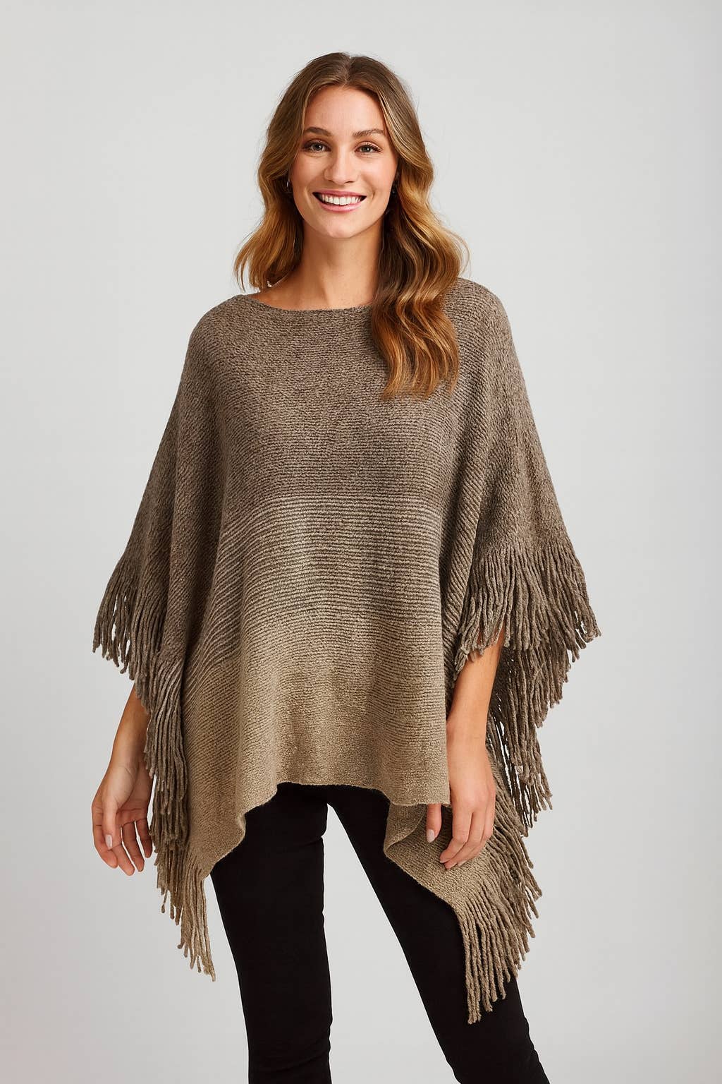 Fennco Styles – wholesale Poncho – Women's – Taupe Knit Two-Tone Batwing Fringe Poncho Sweater