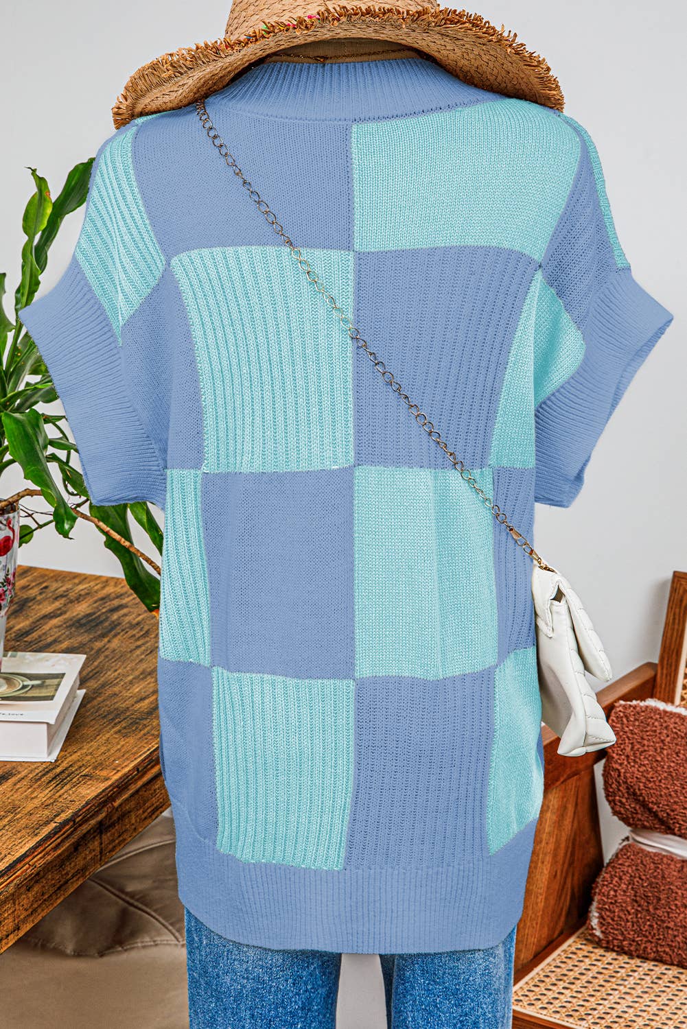 fashionworks - Wholesale Knit Sweater - Women's - Fashion-W Checkered Colorblock Short Sleeve Sweater3