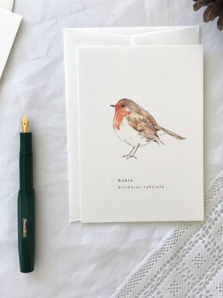 Robin Botanical Watercolour Luxury Christmas Card for wholesale by Annie Brougham Paper Goods.
