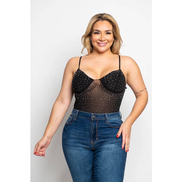 PLUS SIZE RHINESTONE MESH BUSTIER BODYSUIT for wholesale by Curve Market