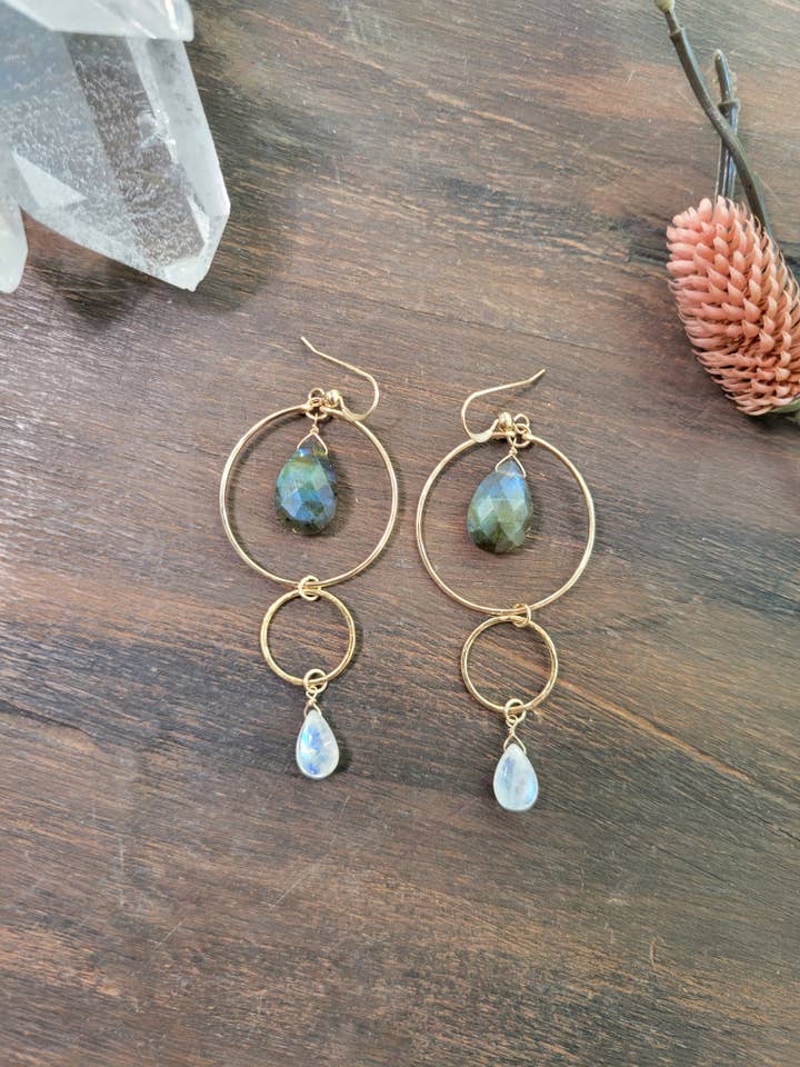 Labradorite Moonstone Dangle Hoop Earrings for wholesale by Leo Eleven Jewelry