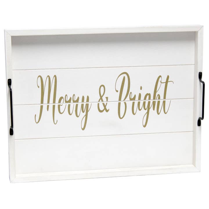 Tabuleiro de Servir de Natal Branco e Dourado de 16" com Alças e Inscrição "Merry and Bright" por atacado de HomeRoots