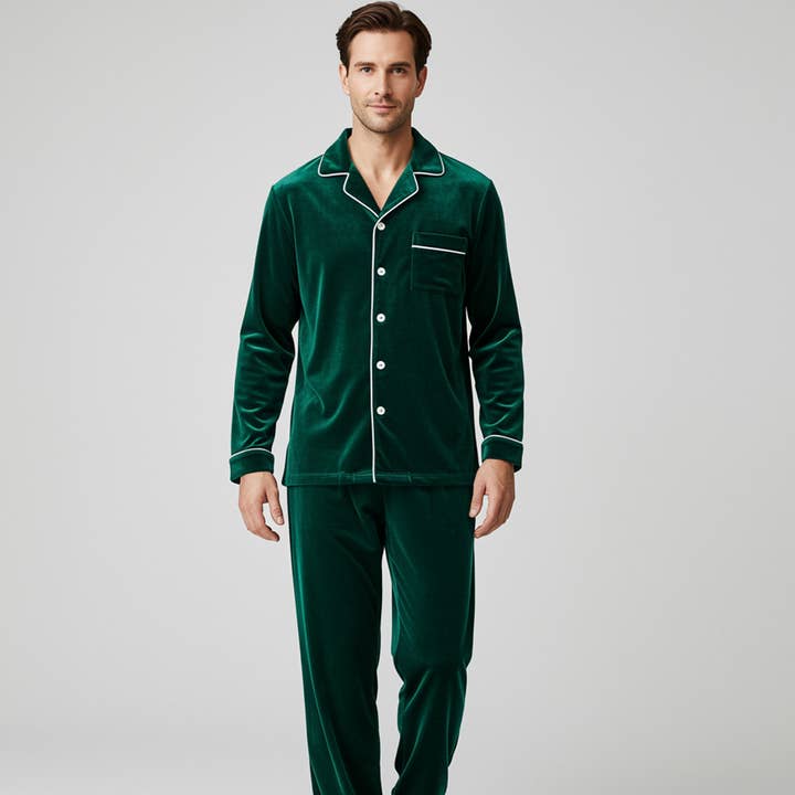 Conjunto de pijama de terciopelo premium para hombre a medida de longitud completa para venta al por mayor de The Blissful