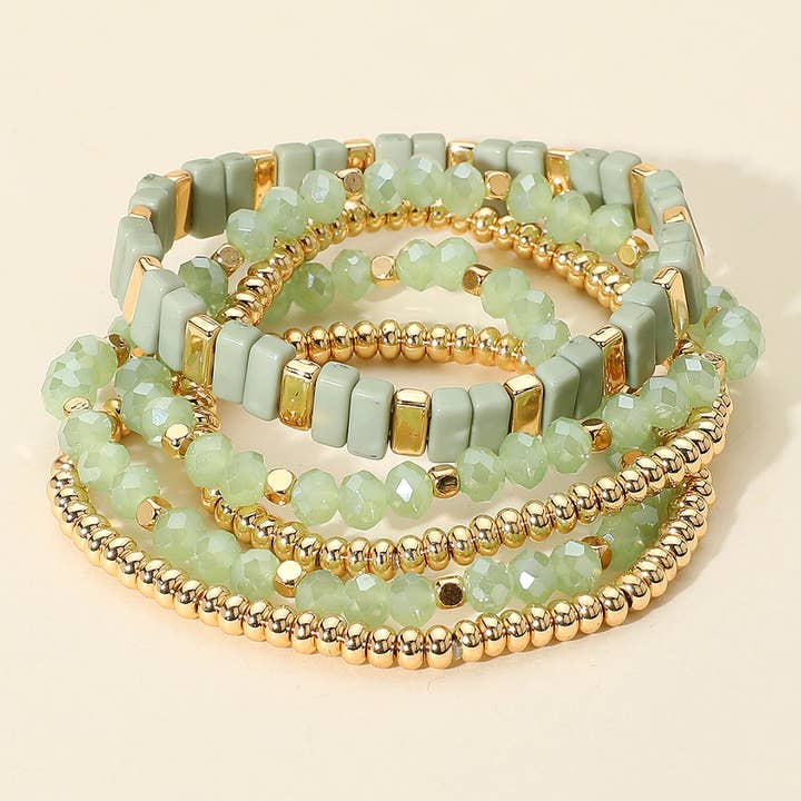 Sensibling Corp. - Wholesale Jewelry Set - 5PCS - Mixed Shape Textured Beaded Stretch Multi Layered Bracelets8