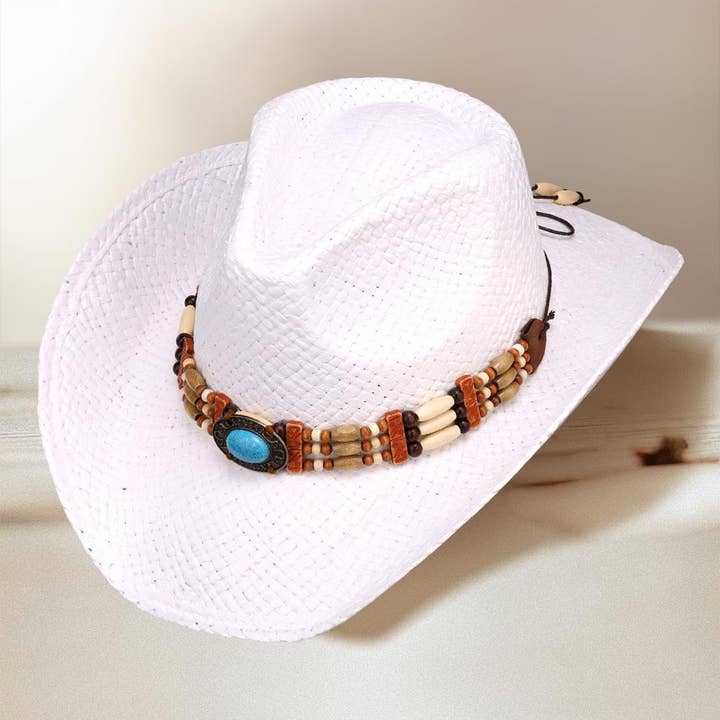 Sensibling Corp. - Wholesale Cowboy Hat - Women's - Turquoise Stone Wooden Beaded Band Straw Cowboy Fedora Hat
