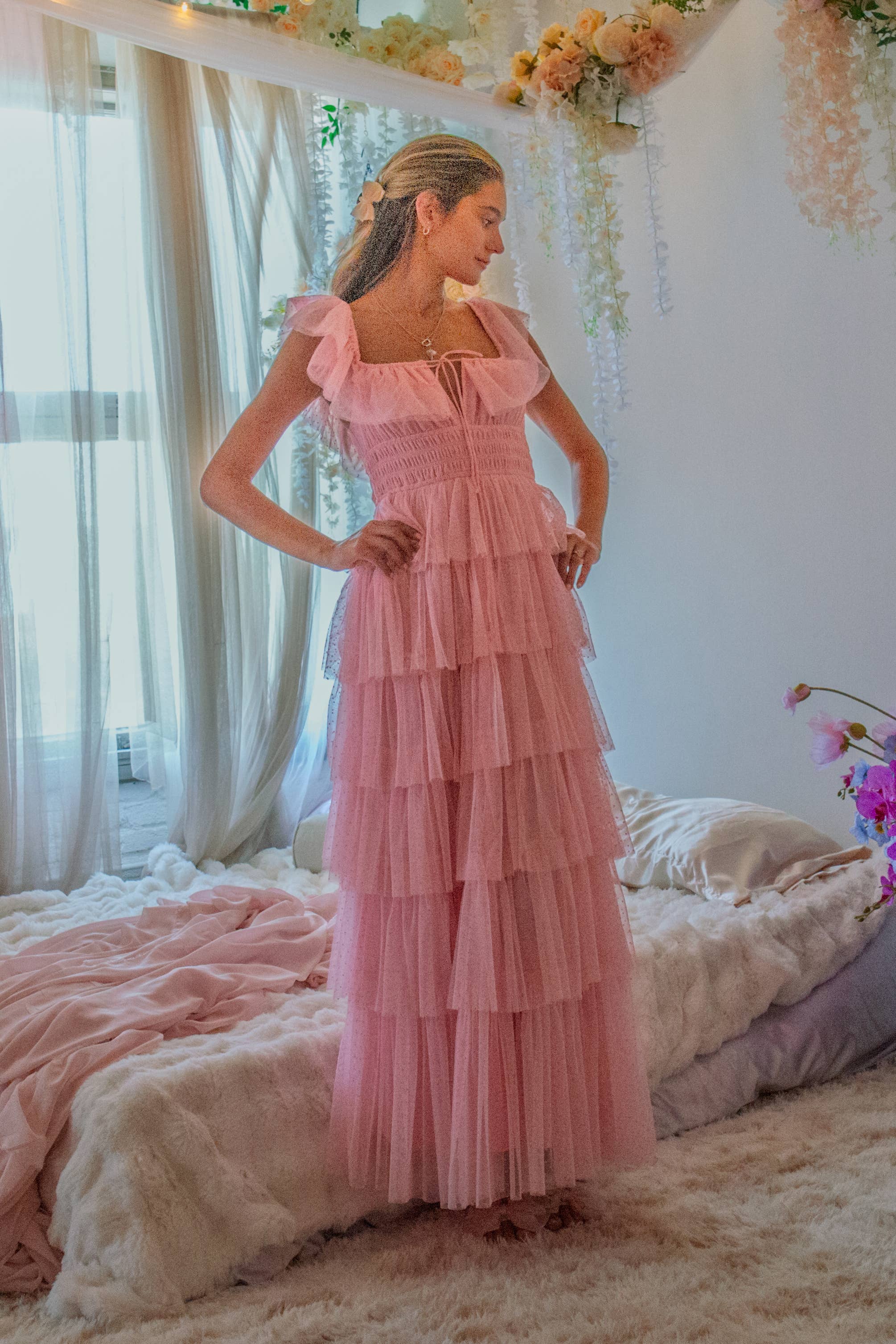 DUSTY ROSE - Venta al por mayor Vestido - Mujer - Vestido largo de tul con lunares en capas Whimsy6