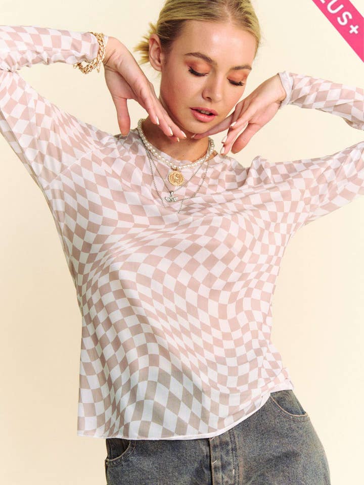 PLUS CHECKER BOARD MESH LONG SLEEVE LAYERING TOP for wholesale by Davi & Dani
