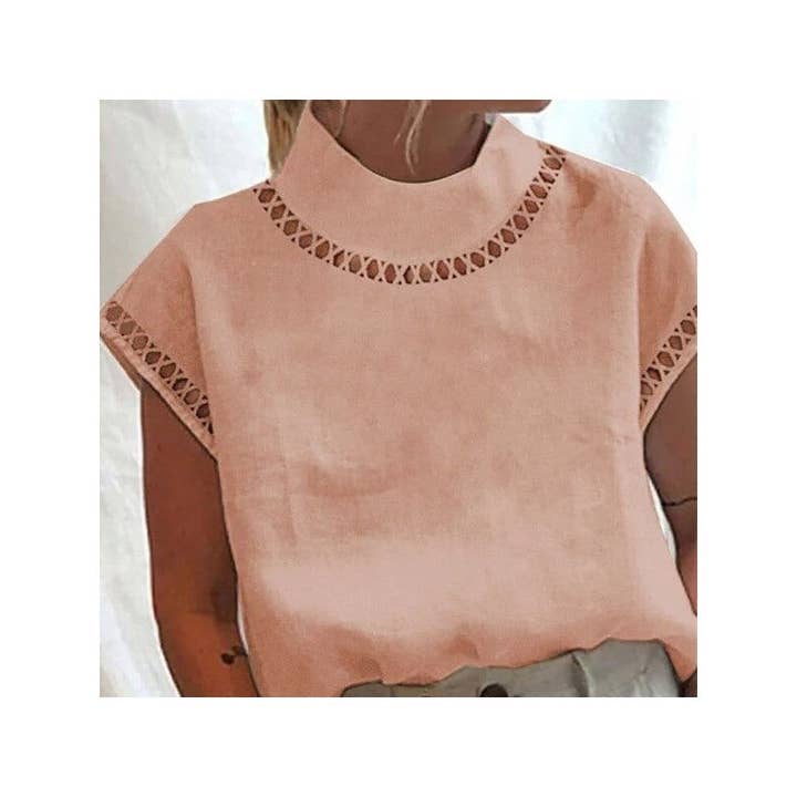 FurDecoration - Wholesale Blouse – Women’s - Solid Color Hollow-Out Casual High-Neck Breathable Shirt6