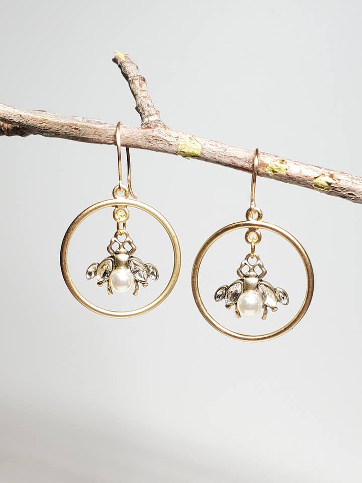 Earrings, Hoops with Golden Bees for wholesale by Jezabel Adornment