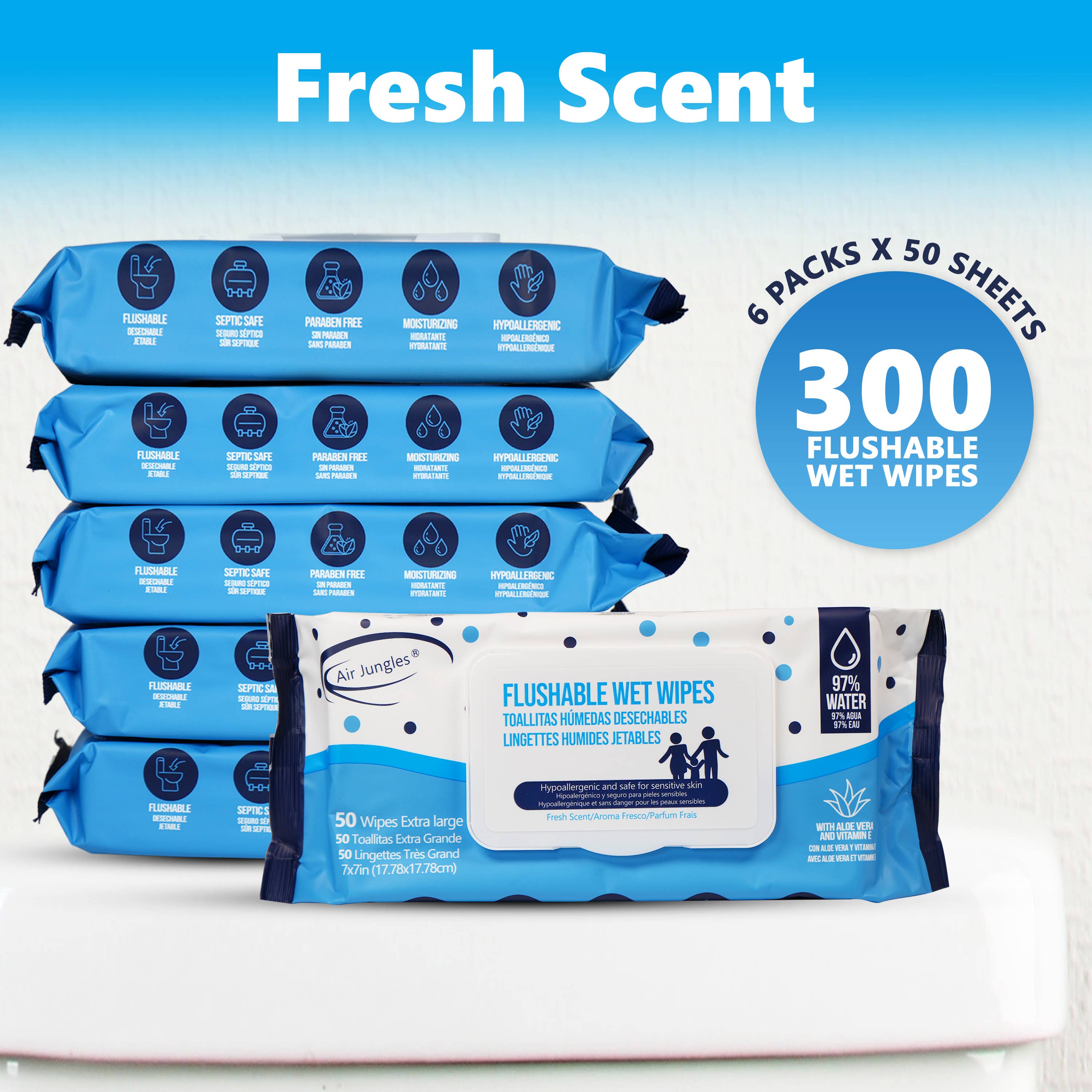 Air Jungles - Wholesale Face & Body Wipes - Air Jungles Flushable Wet Wipes 6 Packs, 300 Wipes1