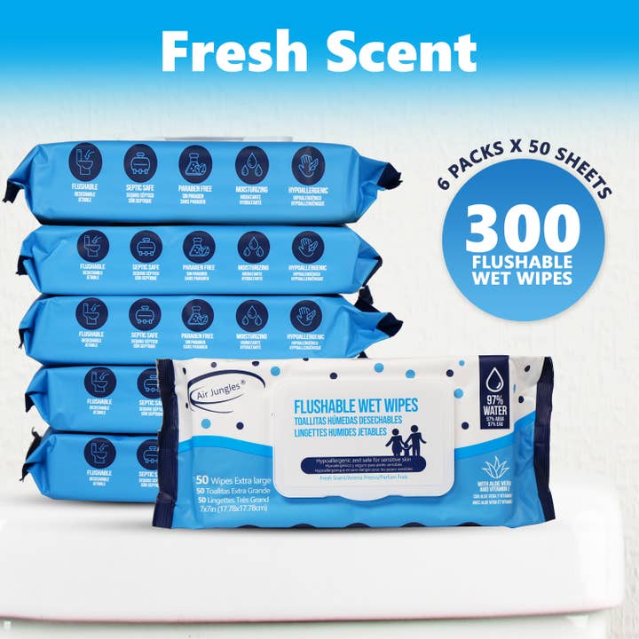 Air Jungles – wholesale Face & body wipes – Air Jungles Flushable Wet Wipes 6 Packs, 300 Wipes1