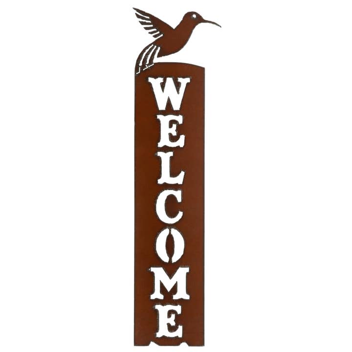 Hummingbird Vertical Welcome Sign for wholesale by Rustic Ironwerks