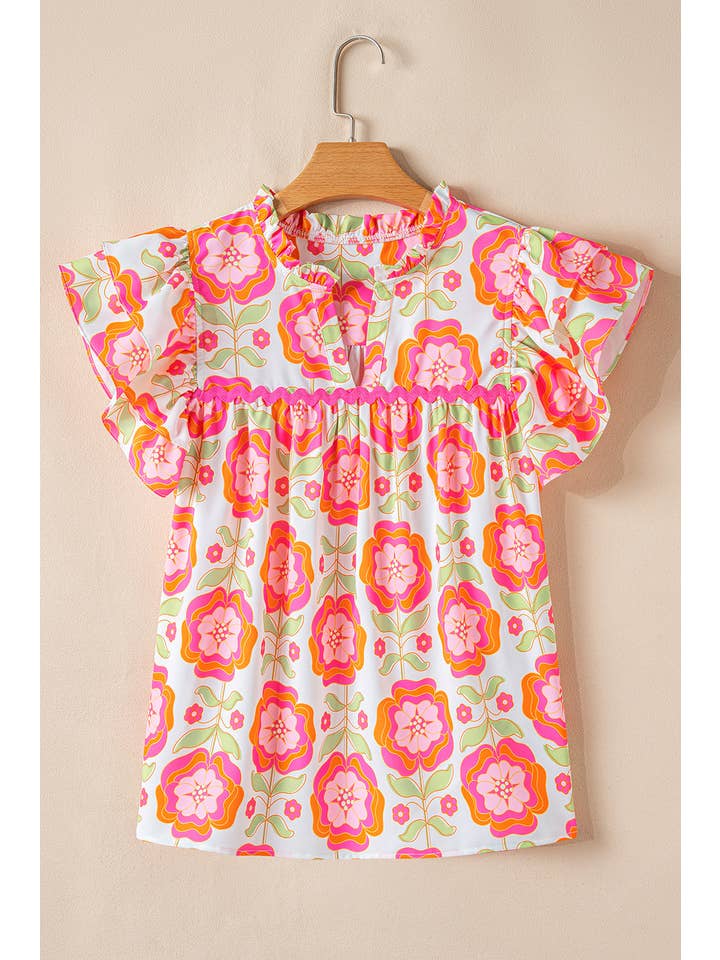 Rose Floral Ricrac Ruffle Sleeve Spring Blouse for wholesale on Faire