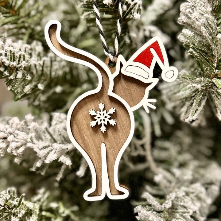 Cat Butt Wooden Christmas Ornament for wholesale by Wandering Woods Designs
