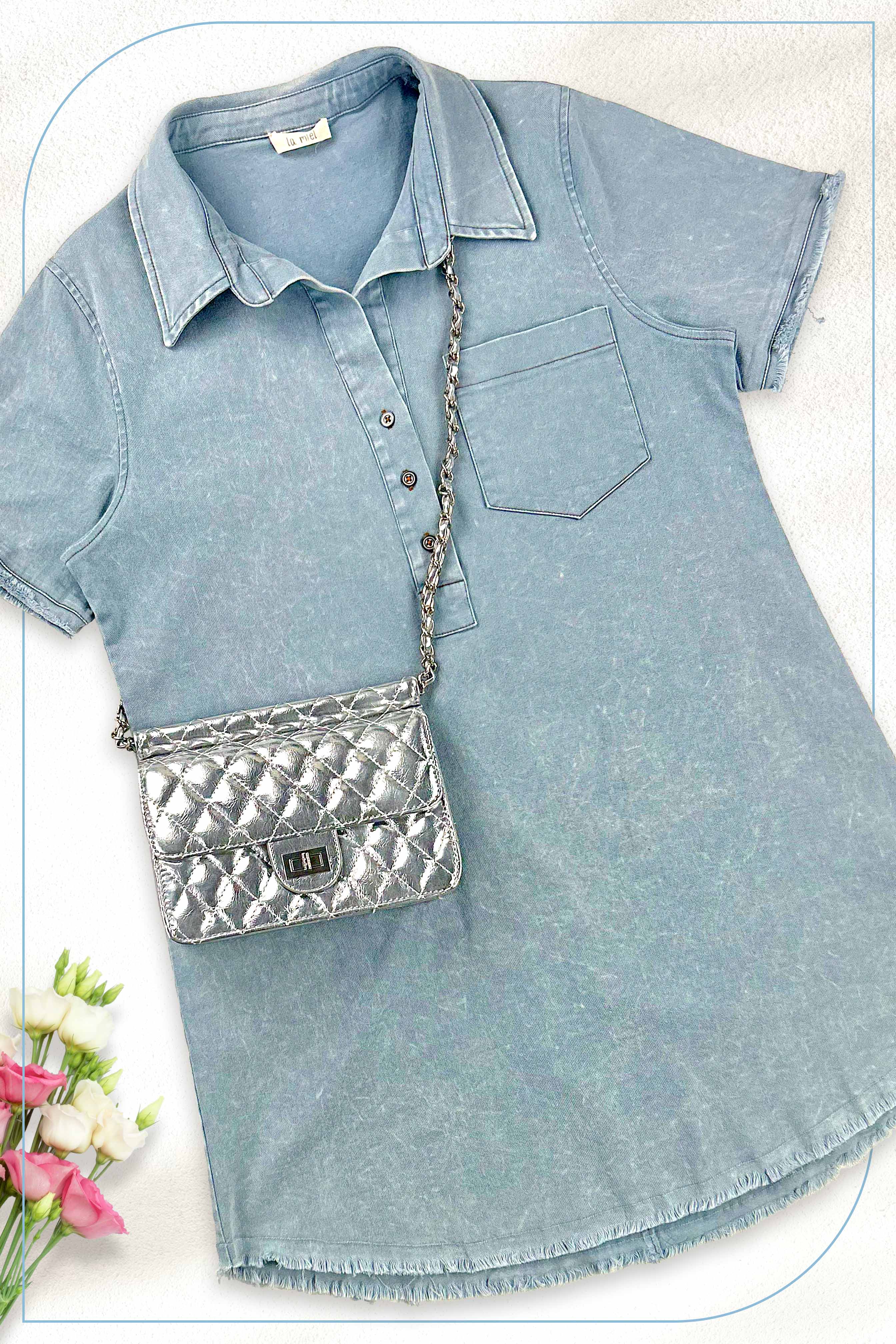 Cielo MCD9319-Abito a tunica in denim chiaro con bordo grezzo lavato minerale in vendita all'ingrosso su Faire14