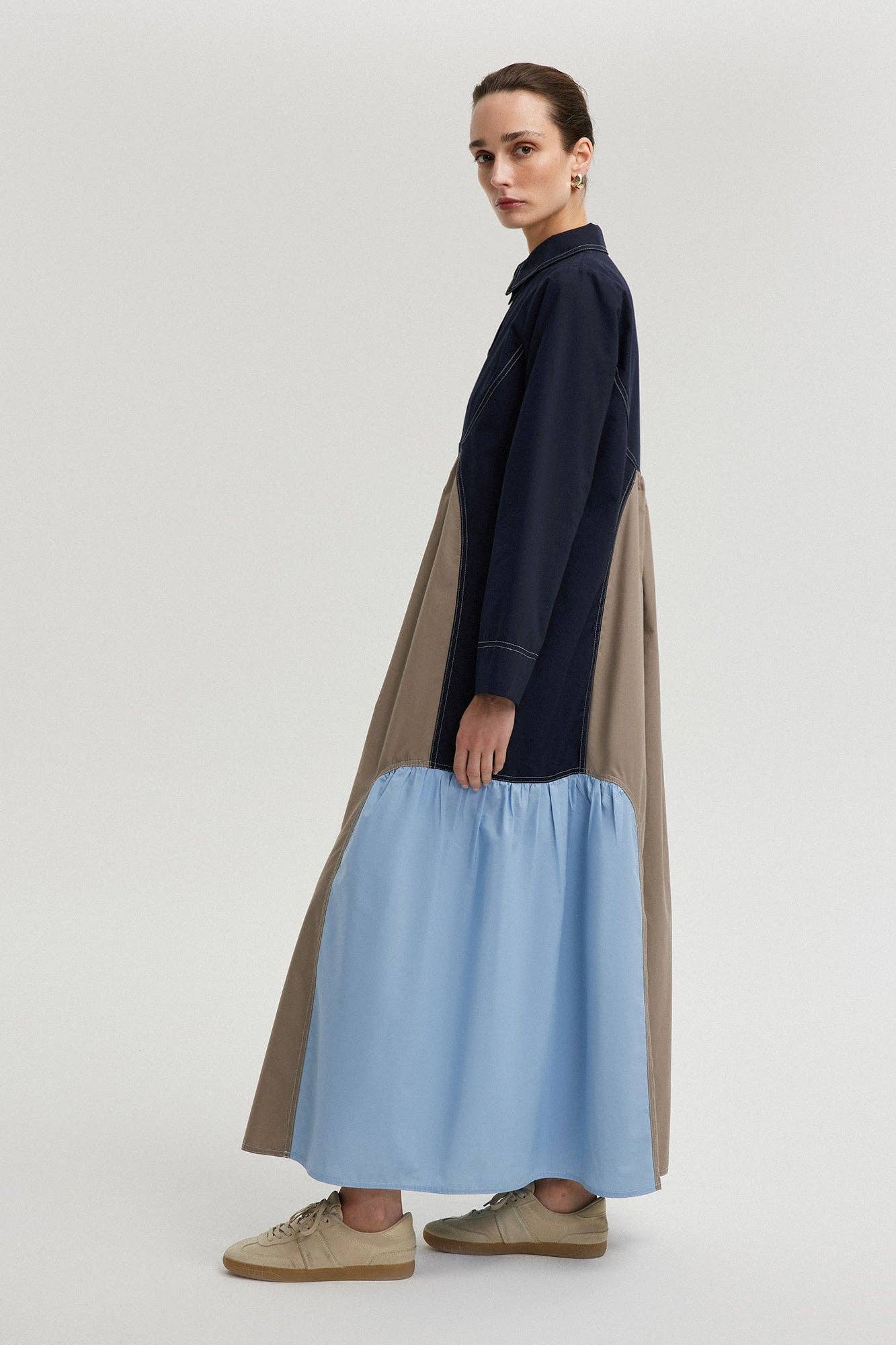 Navy Blue Cotton-Blend Collared Color Block Maxi Dress for wholesale on Faire2