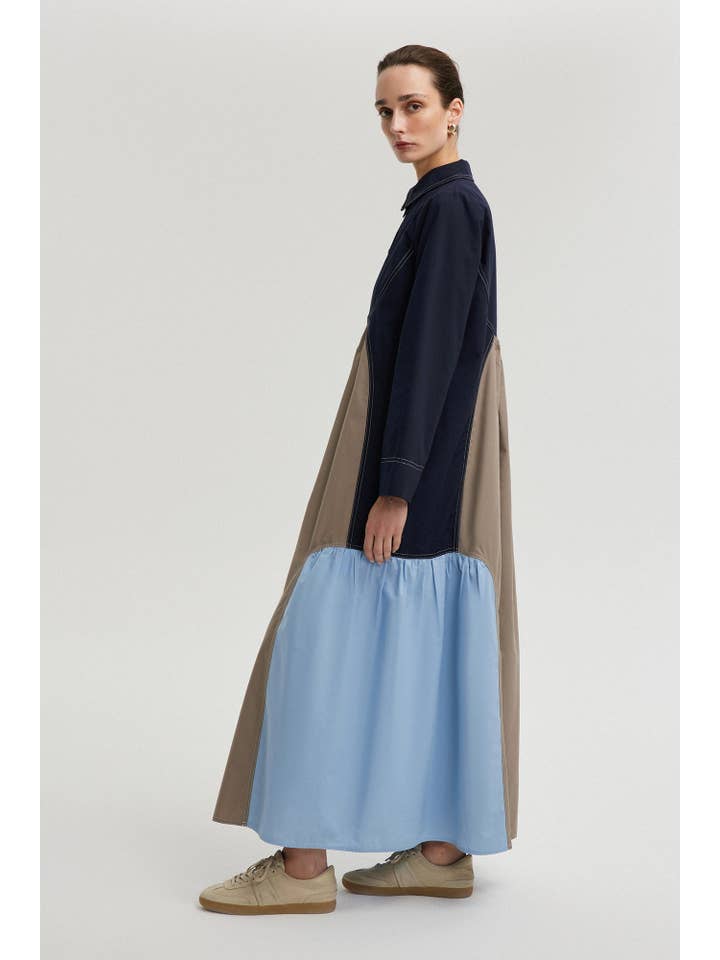 Navy Blue Cotton-Blend Collared Color Block Maxi Dress for wholesale on Faire2