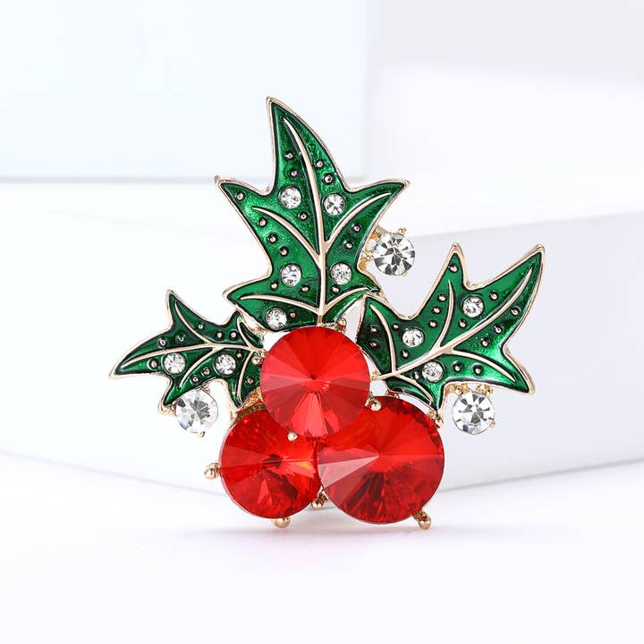 Tourtiwi - Wholesale Brooch - Christmas Red Berries & Green Leaves Rhinestone Holly Brooch1
