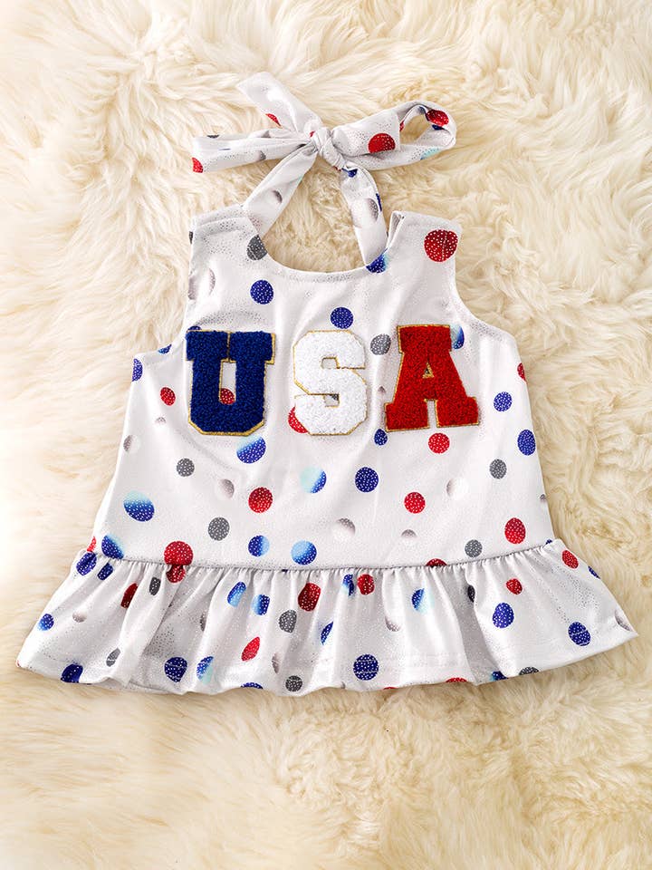 Kids Charm Online - Wholesale T-Shirt - Kids - USA applique ruffle patriotic halter top. TPG50198 Jean