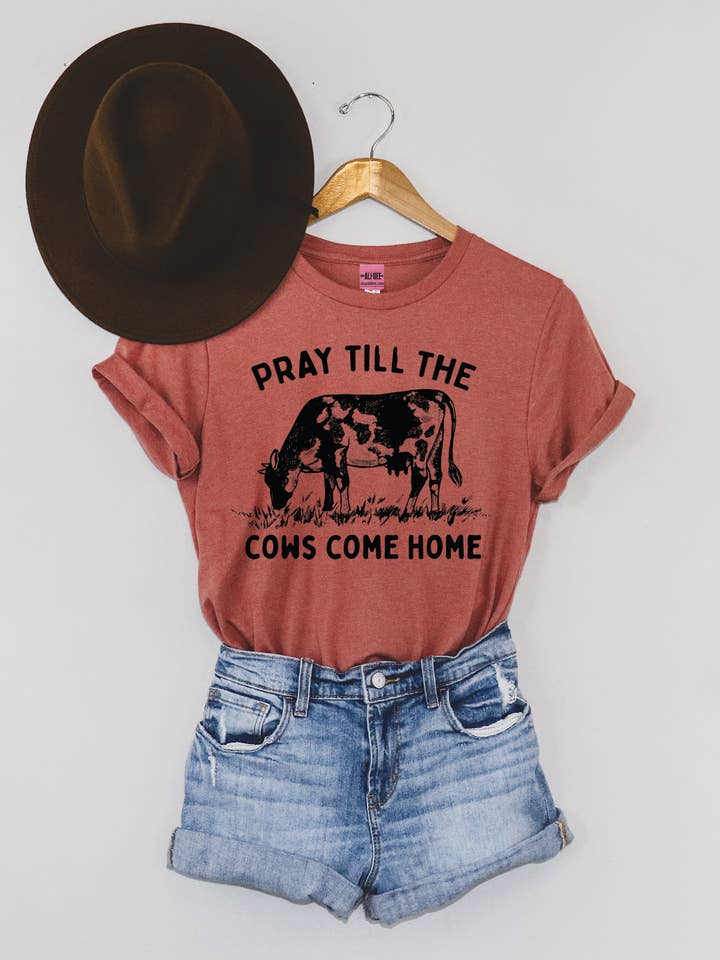 Pray Til The Cows Come Home Graphic Tee - Heather Clay for wholesale by Ali Dee