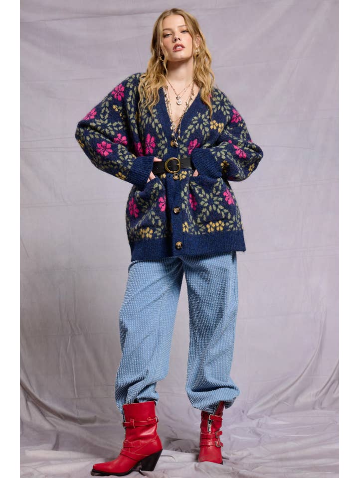Mimosa - Wholesale Cardigan - Women's - Retro Floral Print Fuzzy Knit Cardigan3
