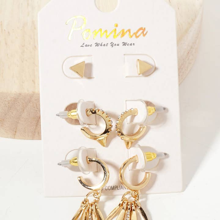 Wild Honey - Wholesale Jewelry Set - 3PC-Set Crystal-Pave Polished Metal Huggie Hoop Stud Earrings