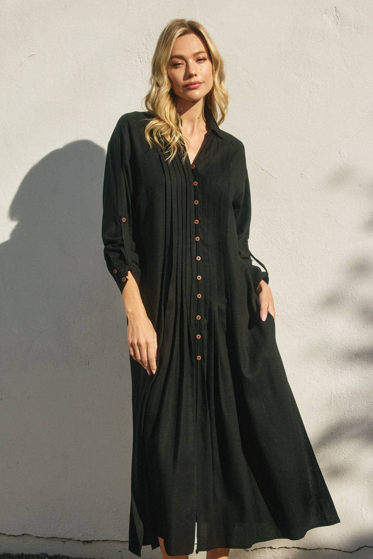 Dress Forum - Wholesale Dress - Women's - Cotton Linen Pleated Longline Shirt Dress (1)15