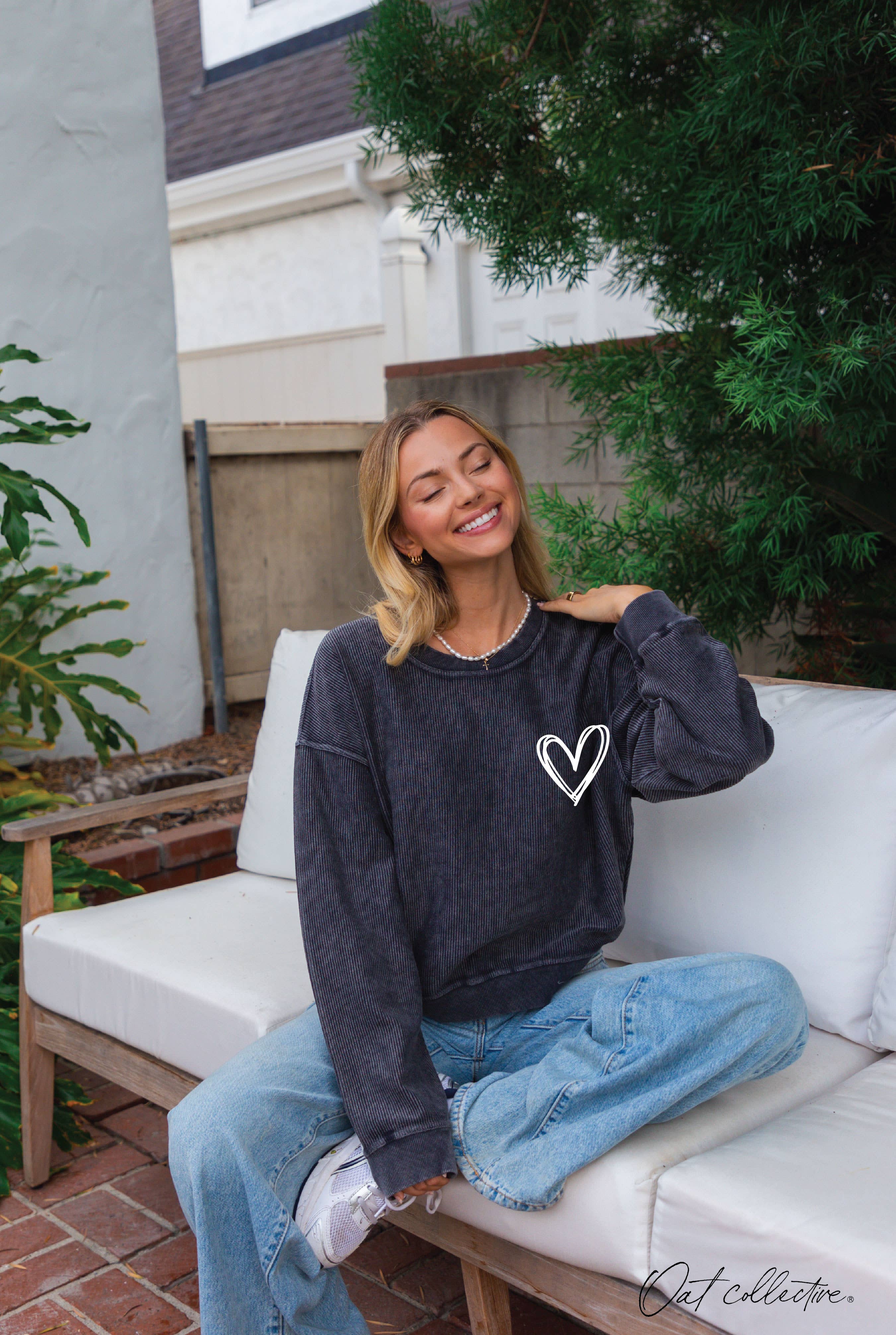 OAT COLLECTIVE - Wholesale Graphic Sweatshirt - Women's - HEART SCRIBBLE Cropped Thermal Vintage Pullover 6