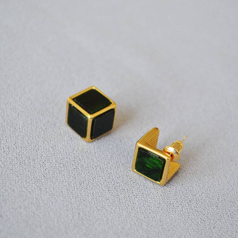Revelari - Wholesale Stud/Post Earrings - Gold and Green Cube Stud Earrings2