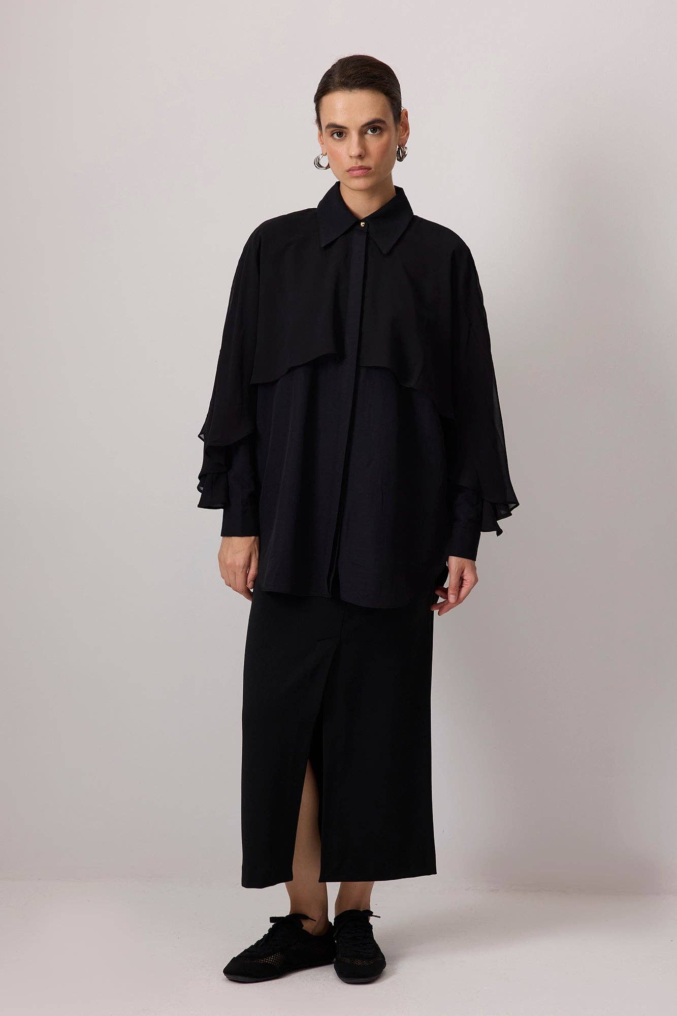 Black Poplin Shirt with Flowing Chiffon Cape Detail for wholesale on Faire0