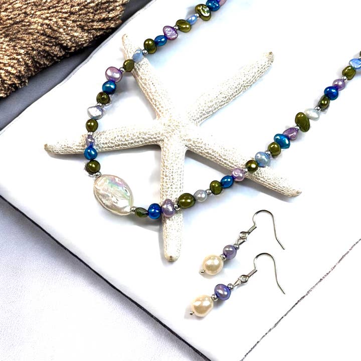 Multi Colored Beaded Fresh Water Pearl Necklace Set -purple for wholesale by Devi Creations