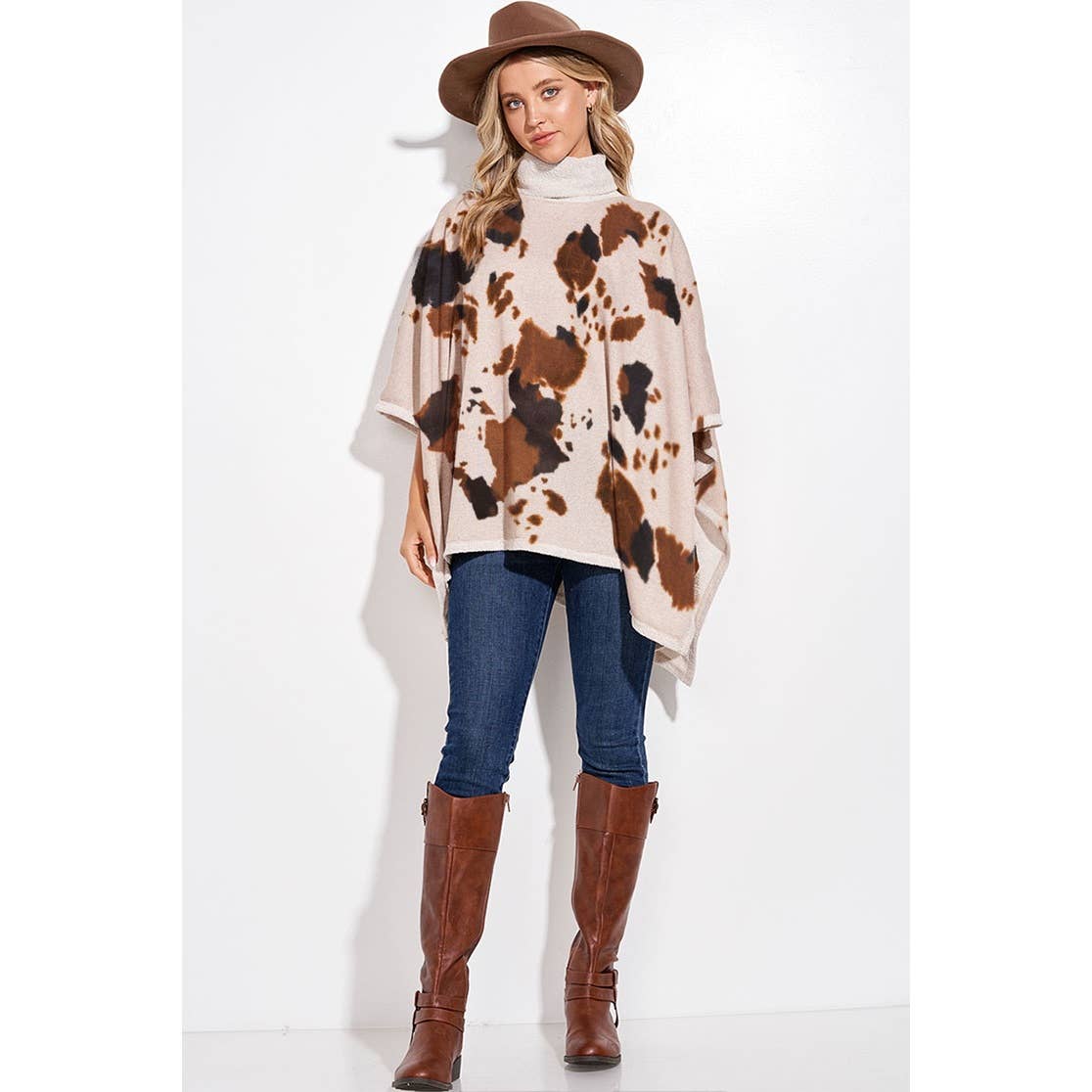 Phil Love - Venta al por mayor Poncho - Mujer - Poncho cuello tortuga con estampado de vaca6