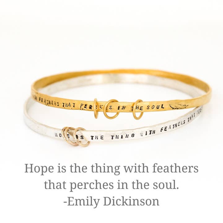 "Hope is the thing with feathers" -Emily Dickinson three ring bangle bracelet for wholesale by Chocolate and Steel