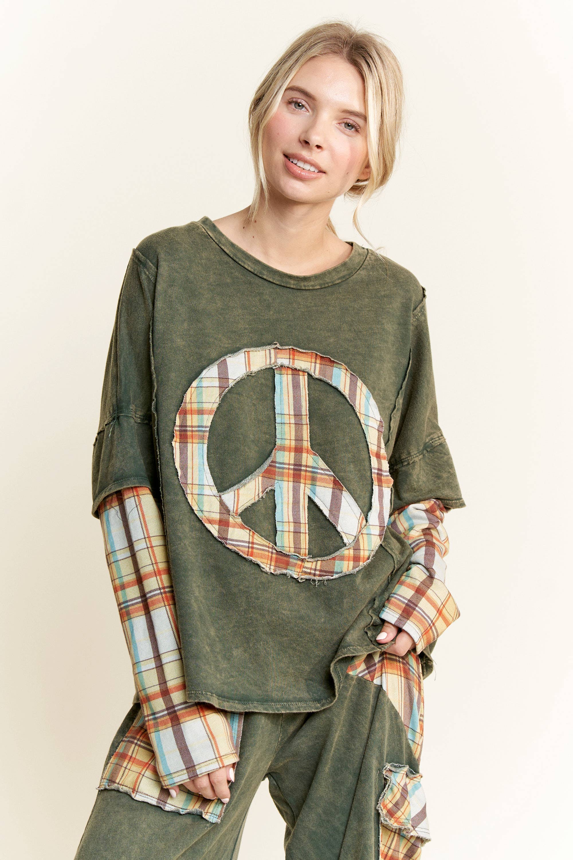 J.Her – Túnica - Mulher por atacado – MineralWash Xadrez PIECE acolchoado Top de mangas em camadas HT5987.3