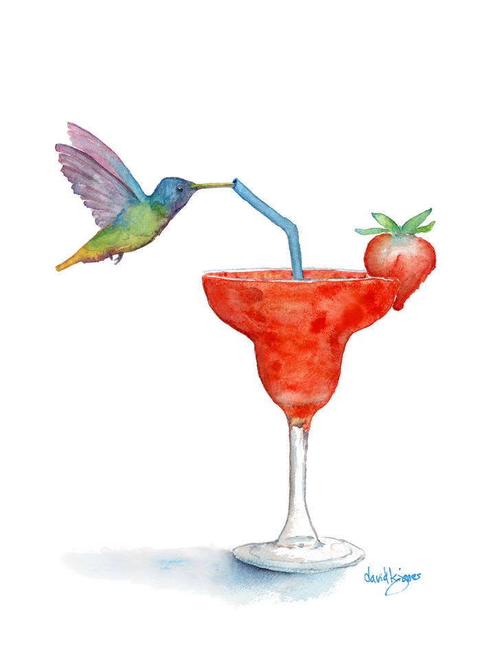 "Strawberry Sipper" (humingbird drink Art Print) for wholesale by davidkjonesart