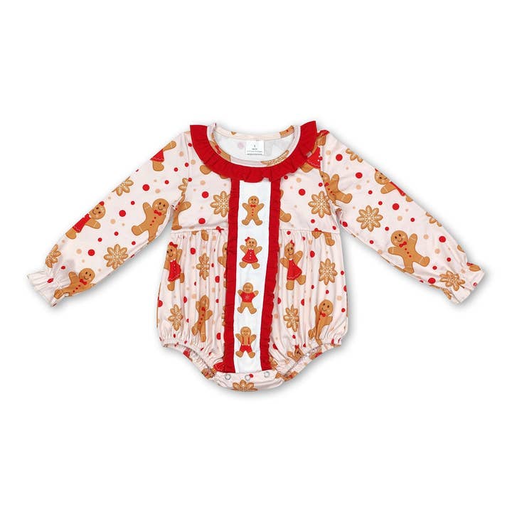 Long sleeves gingerbread baby girls Christmas romper for wholesale by Yawoo Garments