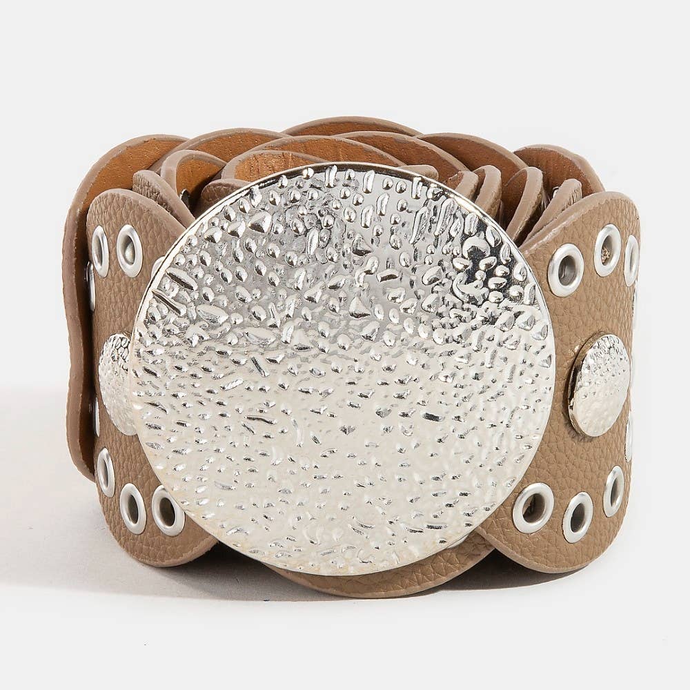 Collections by Fame Accessories - Wholesale Belt - Women's - Hammered Disc Accent Faux Leather Panel Link Belt7