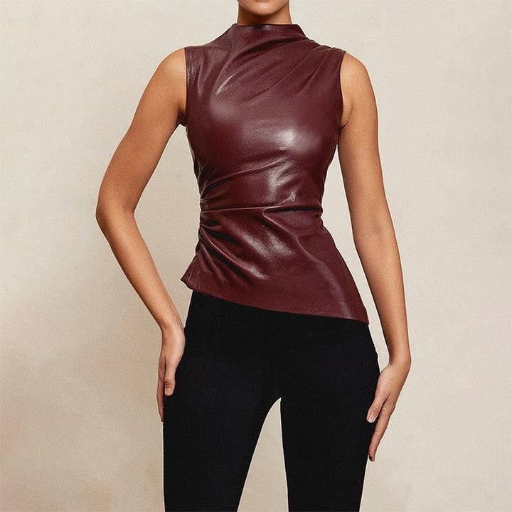 Sleeveless Leather Top With Draped Neck And Cinched Waist and other Purchase Wholesale polyurethane fabrics. Free Returns & Net 60 Terms on Faire trending on Faire.