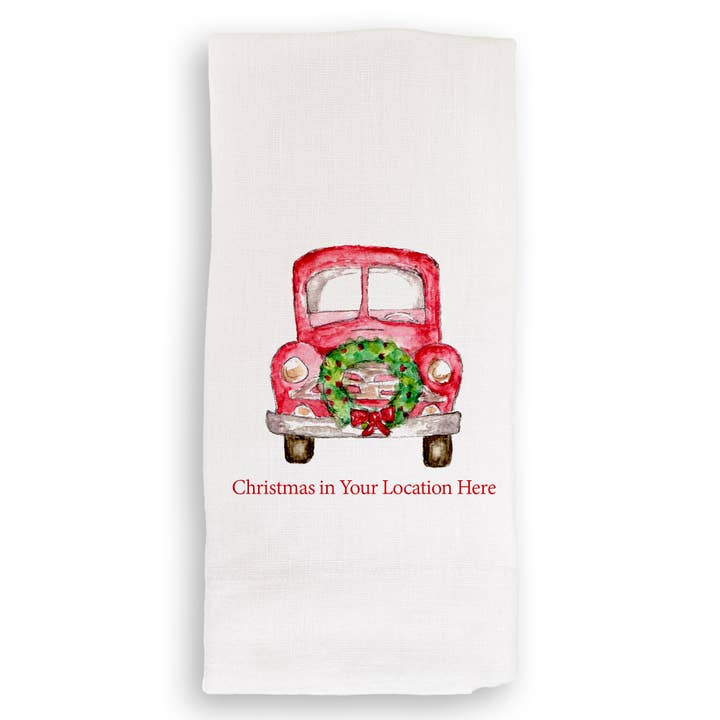 French Graffiti - Wholesale Tea Towel - Red Truck with Wreath and Location