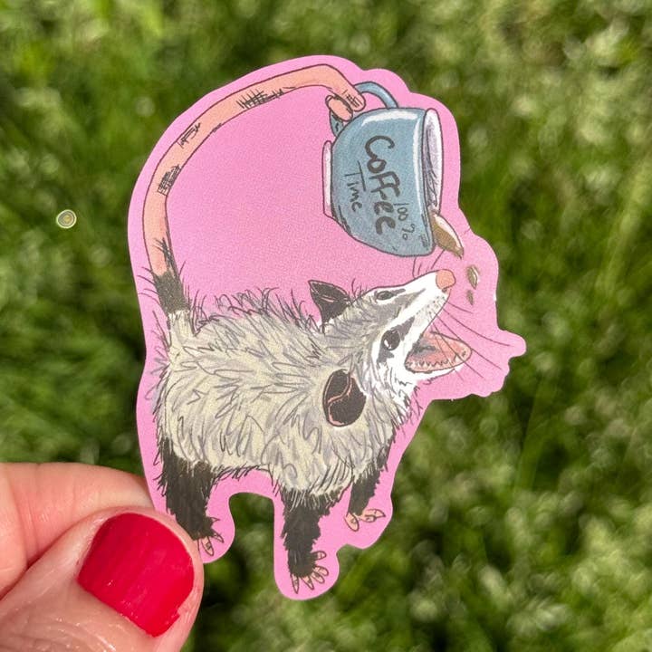 Coffee All Day Everyday Possum Vinyl Art Sticker for wholesale by The Crazy Opossum Lady