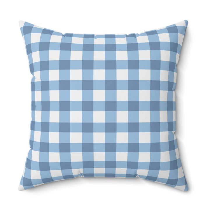 Coussin à carreaux bleu Buffalo fait sur commande pour la vente par SB Paperie