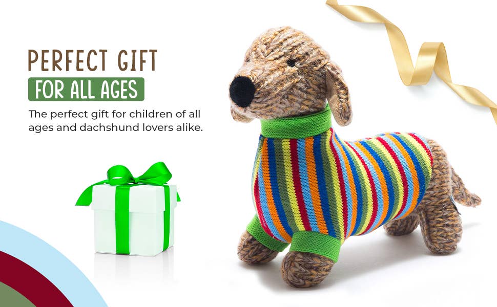 Best Years Ltd – wholesale Stuffed/plush toy – Kids & baby – Knitted Sausage Dog Soft Toy Teddy with Stripe Jumper7
