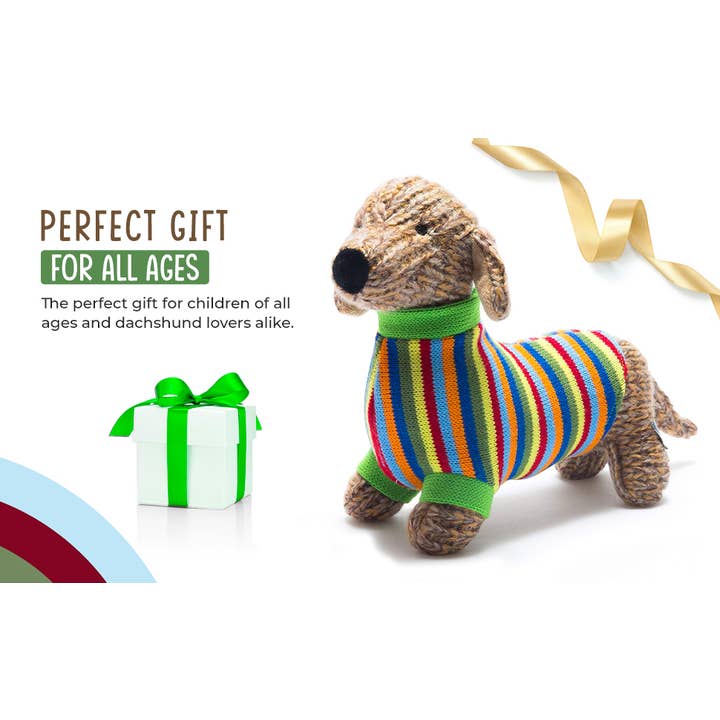 Best Years Ltd – wholesale Stuffed/plush toy – Kids & baby – Knitted Sausage Dog Soft Toy Teddy with Stripe Jumper7