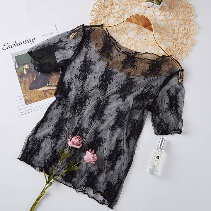 Rosa Clothing - Wholesale T-Shirt - Women's - Floral lace mesh see through short sleeve top - 6 colors