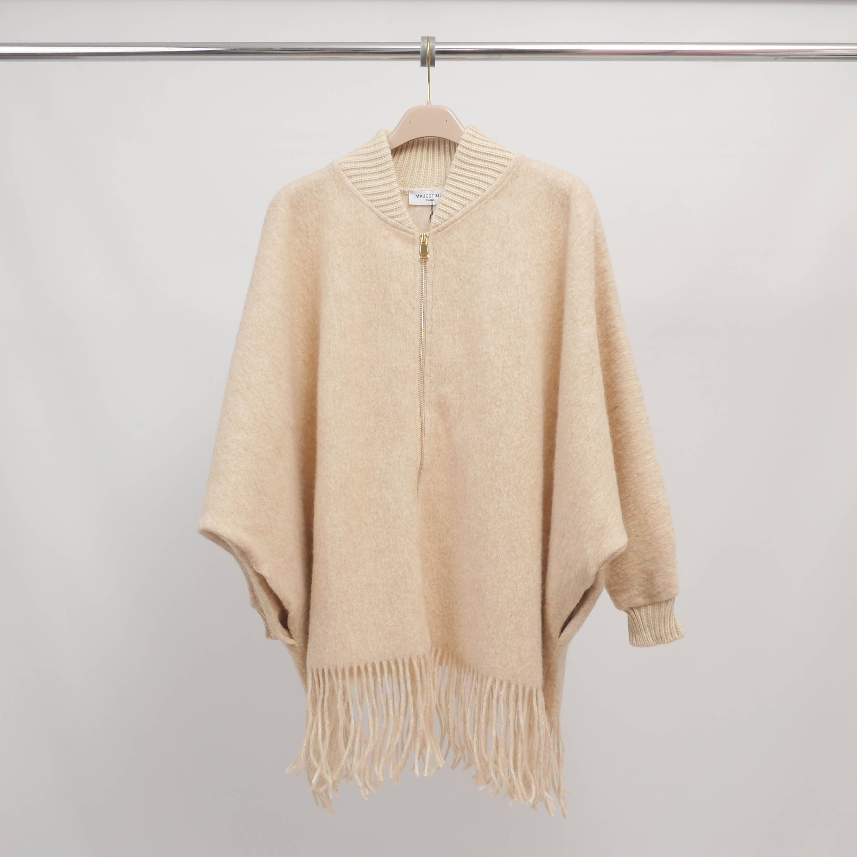 Cecile Wang - Vente Poncho – femme - Poncho à franges zippé manches chauve-souris – MJ842023
