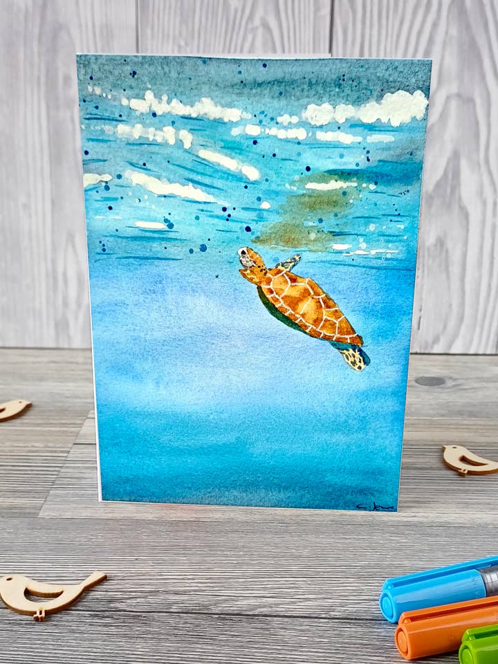 Hälsningskort – sköldpadda – handmålat akvarellmotiv för wholesale av Christina Jenne Art and Design