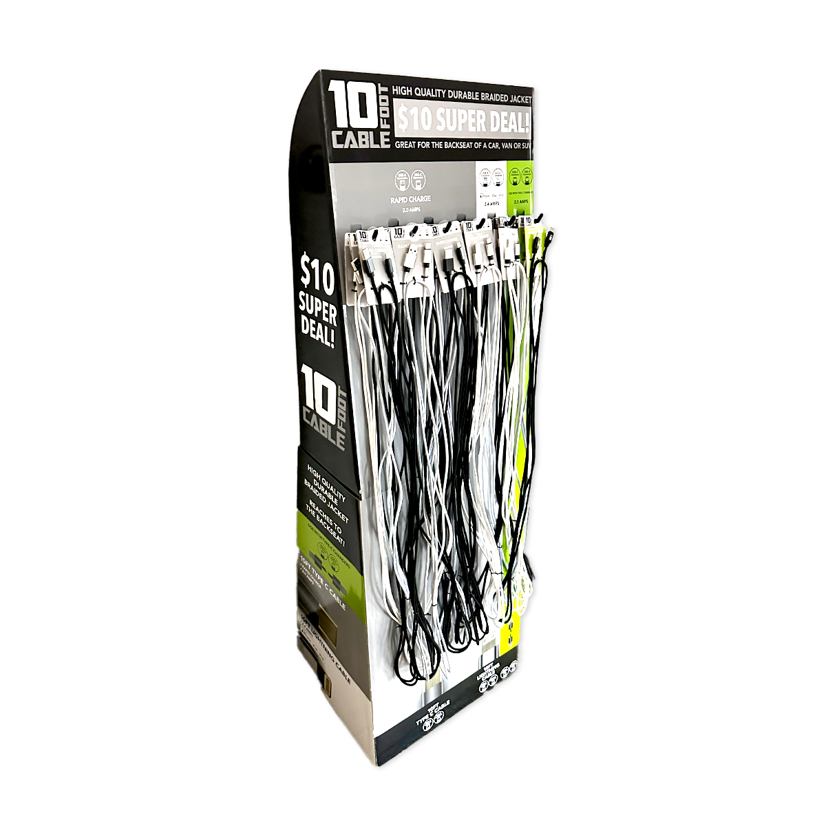 Novelty Brands - Wholesale Charging Cable - 10 ft Charging Cable Assortment Floor Display- 24/Display1